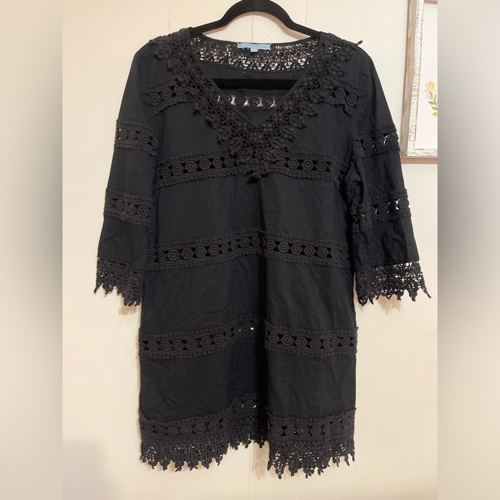 Antonio Melani crochet swim coverup dress black size large 100% cotton